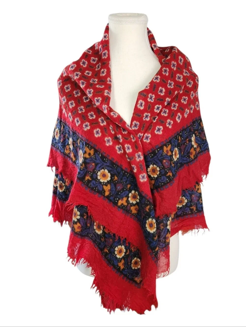 Vintage Yves Saint Laurent YSL Red Floral Wool Blend Square Scarf Shawl Wrap